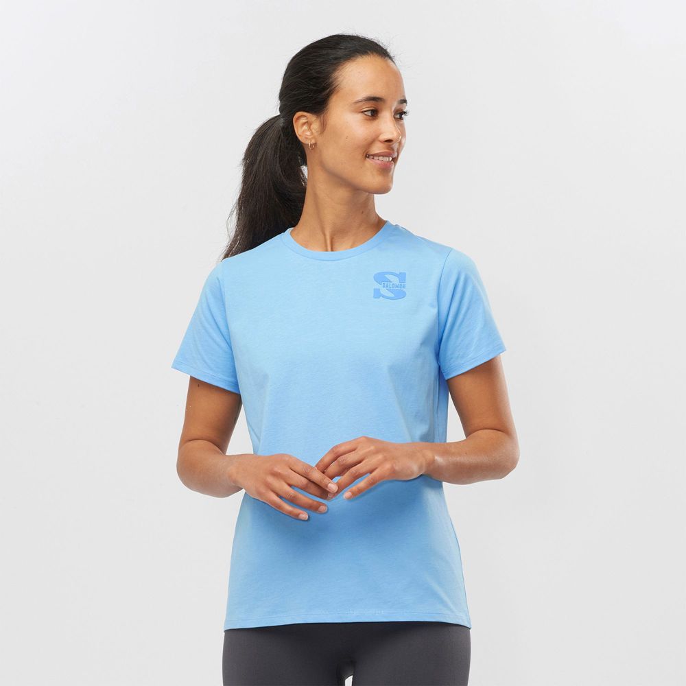 Salomon OUTLIFE SMALL LOGO SS W Camisetas Mujer - Azules Claro - Colombia (18302-ACQO)